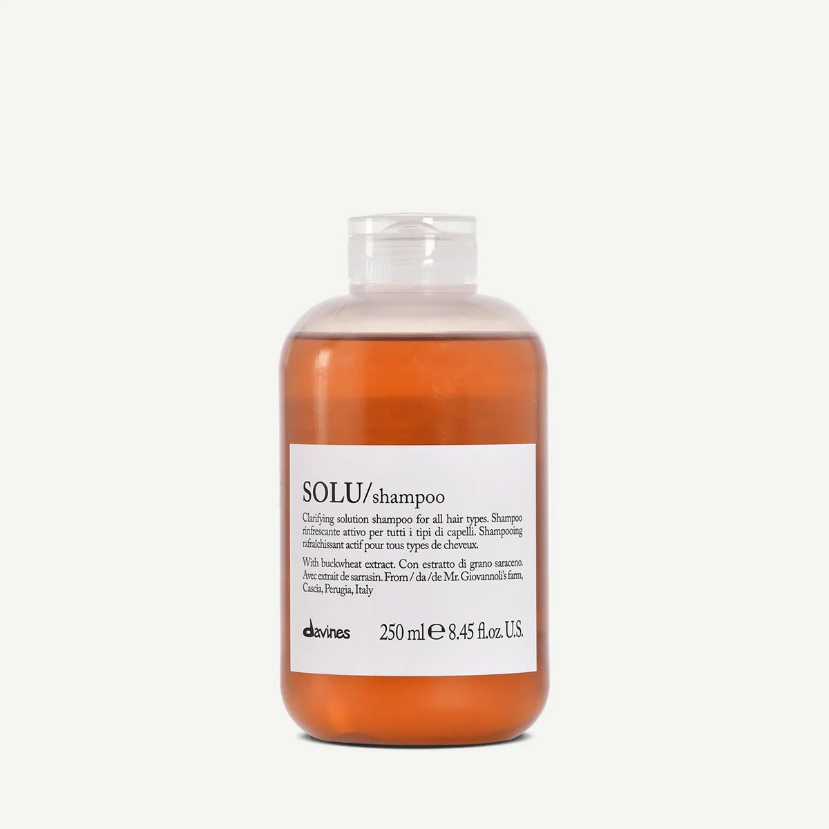 Flacon 250 ml Davines SOLU Shampoo – shampooing clarifiant aux résidus, extrait de sarrasin.