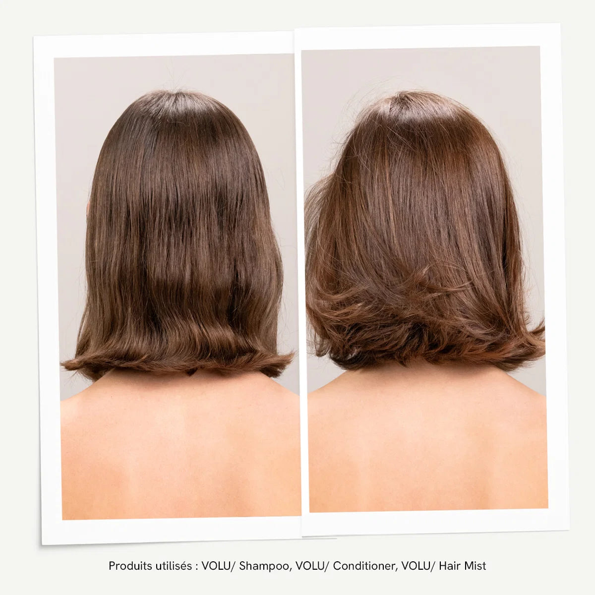 Comparaison du volume de cheveux mi-longs avant et après une routine Davines VOLU Shampoo, Conditioner et Hair Mist.