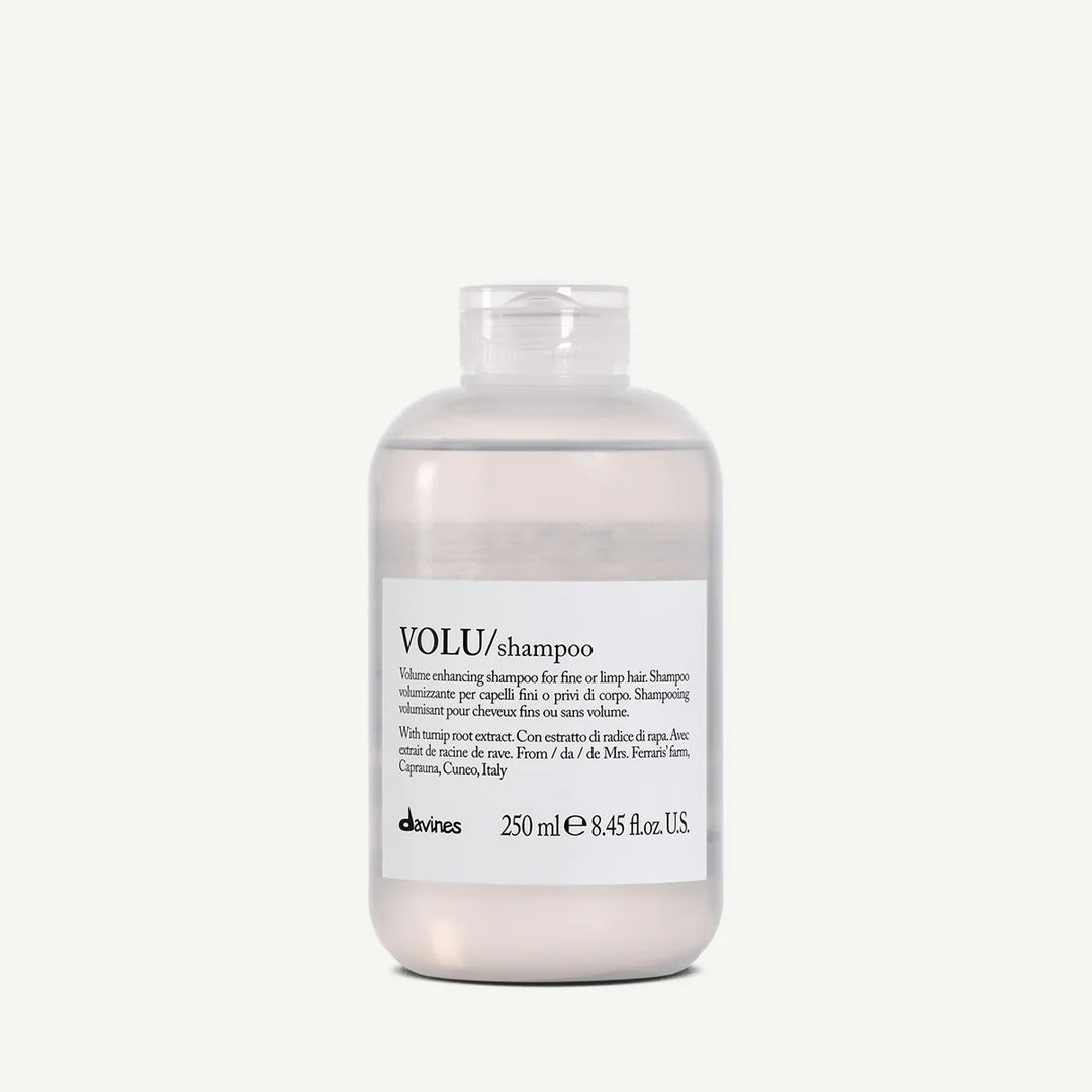 Flacon 250 ml Davines VOLU Shampoo – shampooing volumisant pour cheveux fins sans volume.