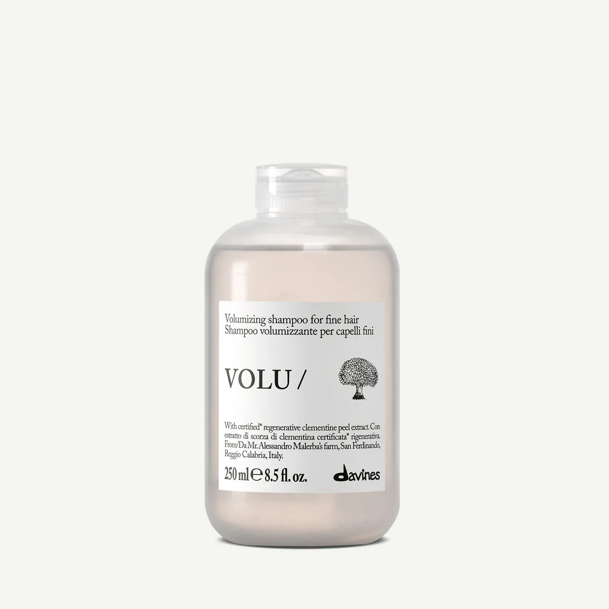 Flacon Davines VOLU Shampoo 250 ml, shampooing volumisant pour cheveux fins.