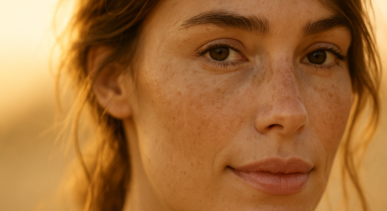 Hydratation et éclat post-été : gros plan visage féminin, peau lumineuse au coucher de soleil