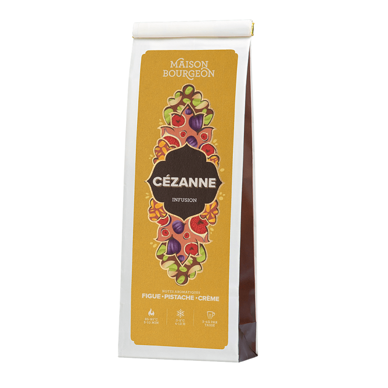 Infusion en vrac Cézanne Maison Bourgeon, mélange gourmand aux morceaux de figue séchée, pistache croquante et notes crémeuses, infusion fruitée haut de gamme naturelle.