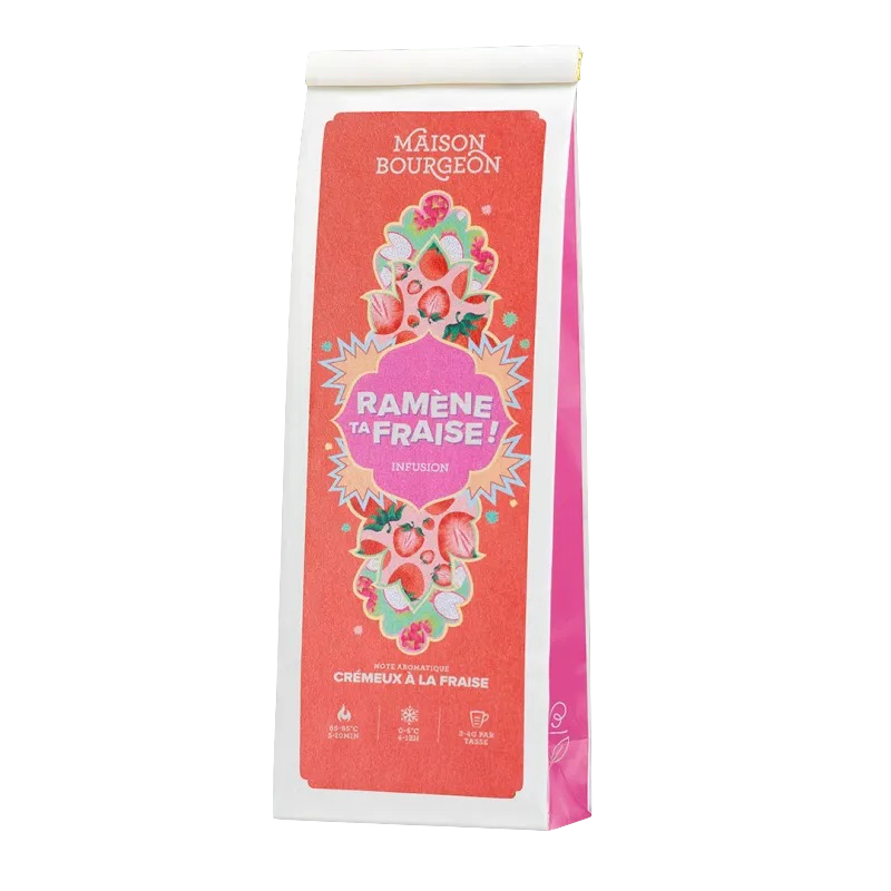 Sachet de thé Maison Bourgeon « Ramène ta fraise », infusion fruitée sans théine aux morceaux de fraise et pomme.