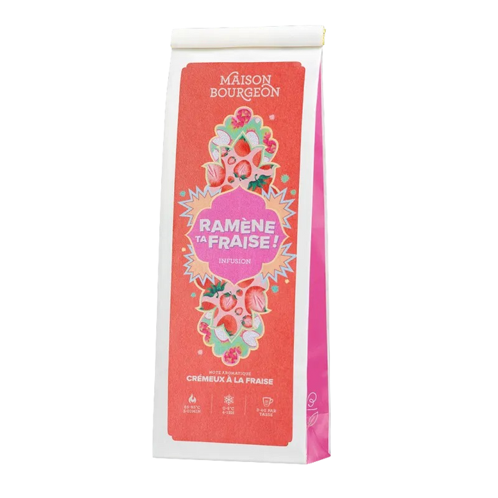 Sachet de thé Maison Bourgeon « Ramène ta fraise », infusion fruitée sans théine aux morceaux de fraise et pomme.
