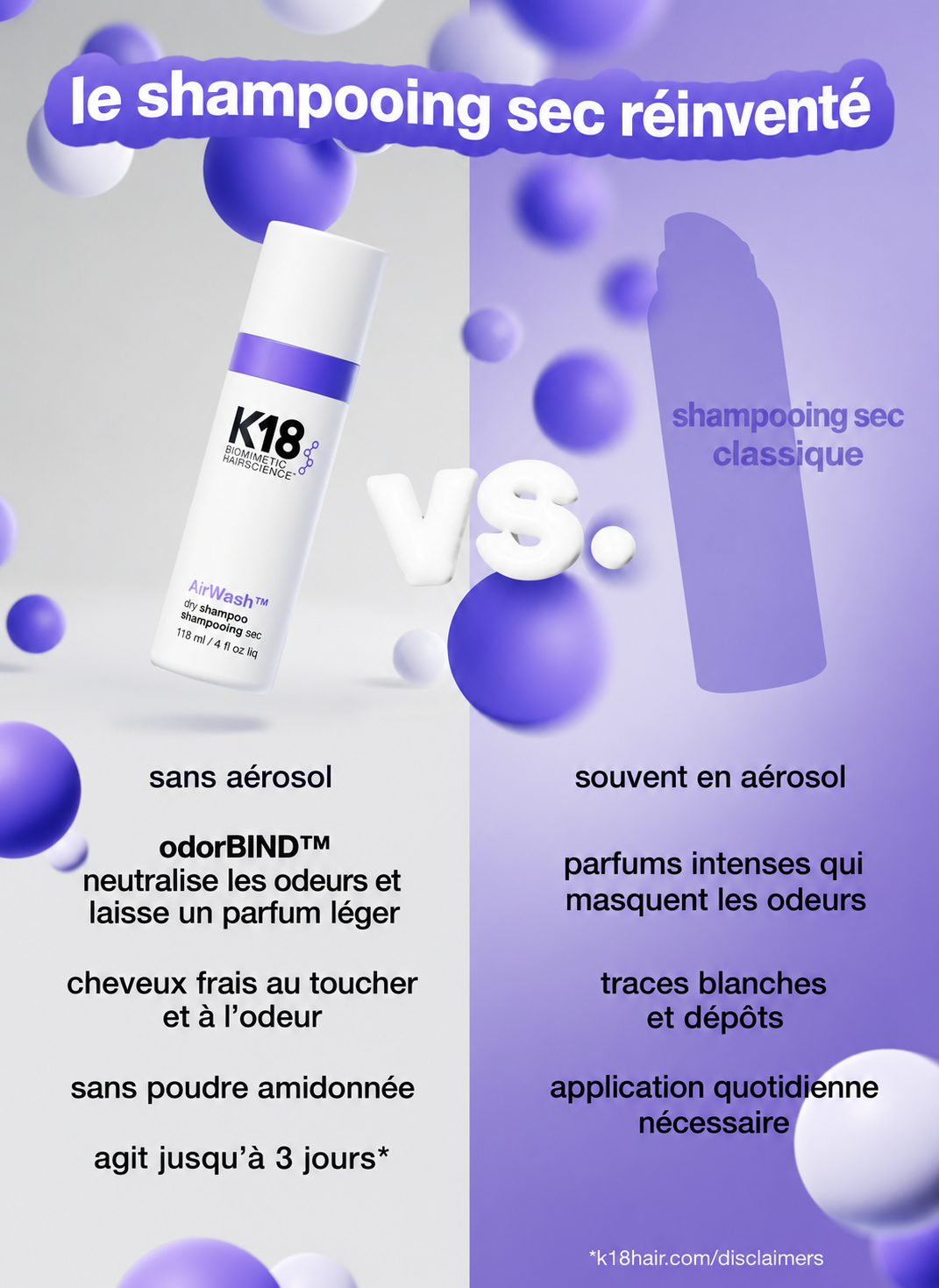 Visuel comparant K18 AirWash™ à un shampooing sec classique, avec les caractéristiques de chaque produit en deux colonnes.