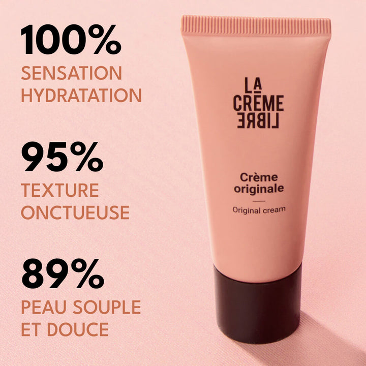 Tube rose poudré de la Crème Originale La Crème Libre sur fond rose, affichant les bénéfices prouvés : 100 % sensation d’hydratation, 95 % texture onctueuse, 89 % peau souple et douce.
