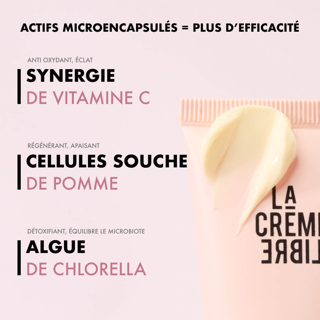 Crème riche LA CRÈME LIBRE enrichie en actifs microencapsulés, avec vitamine C pour l’éclat, cellules souches de pomme apaisantes et chlorella détoxifiante
