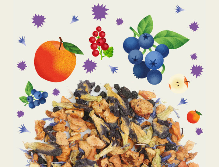 Image montrant les ingrédients de l'infusion Abracadabra de la marque Maison Bourgeon. Les ingrédients incluent des morceaux de pomme, des baies de sureau, des groseilles, des myrtilles, des fleurs de pois bleu et des pétales de bleuets, tous disposés autour du mélange d'infusion.