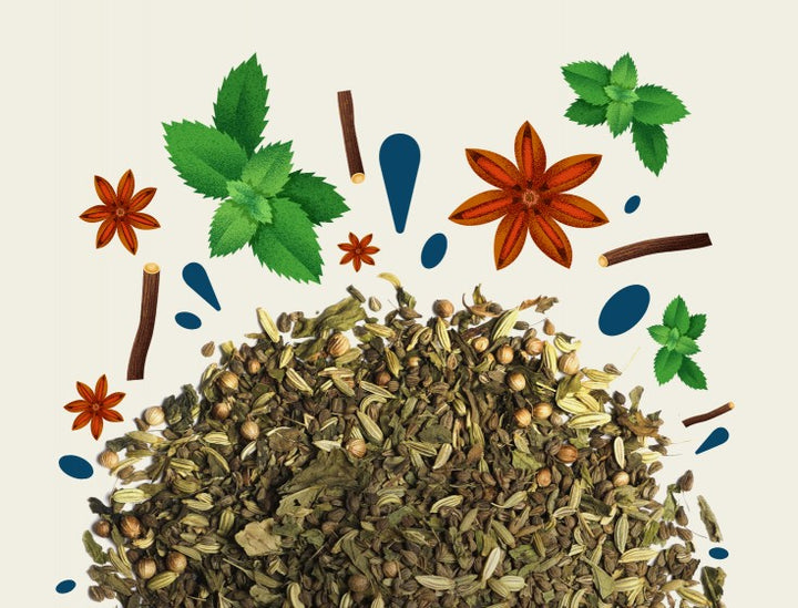 Image montrant les ingrédients de l'infusion Dans La Peau De Roméo de la marque Maison Bourgeon. Les ingrédients incluent des feuilles de menthe, des étoiles d'anis, des bâtons de réglisse, et des graines de coriandre, tous disposés autour du mélange d'infusion.
