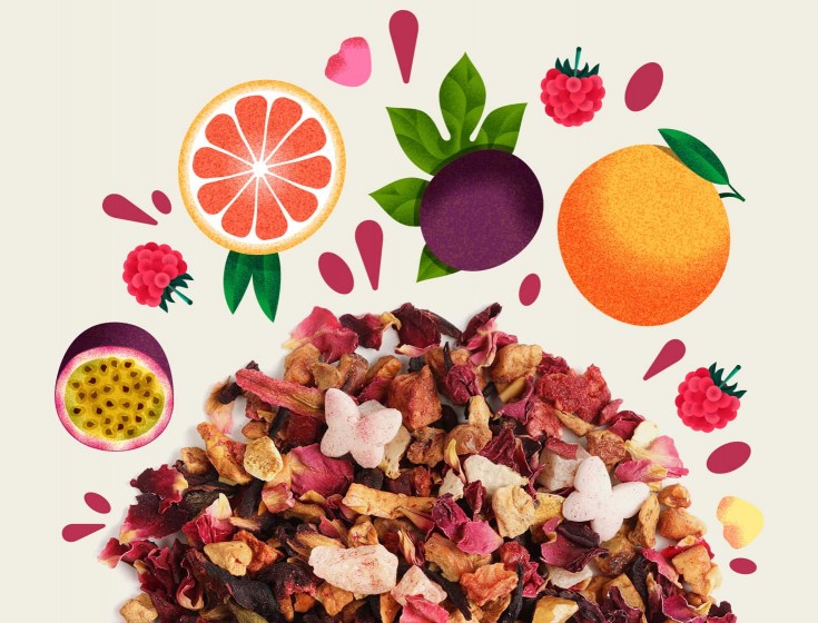 Image illustrant les ingrédients de l'infusion "LA VIE EN ROSE" de la marque Maison Bourgeon. L'image montre un mélange d'infusion en vrac avec des morceaux de passion, de framboise, de pamplemousse et d'autres ingrédients, entouré d'illustrations de ces fruits et de pétales de fleurs.