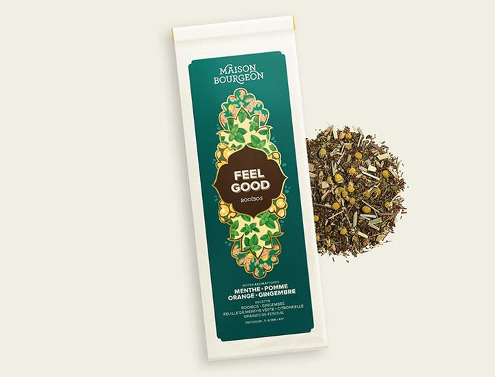 Maison Bourgeon Feel Good Rooibos - Thé aux arômes de menthe, pomme, orange et gingembre. Présentation du mélange de thé Feel Good avec des ingrédients naturels visibles.