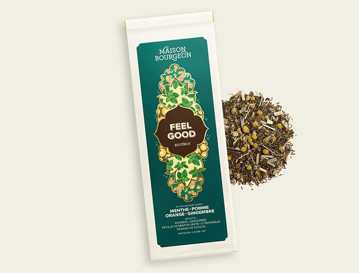 Maison Bourgeon Feel Good Rooibos - Thé aux arômes de menthe, pomme, orange et gingembre. Présentation du mélange de thé Feel Good avec des ingrédients naturels visibles.