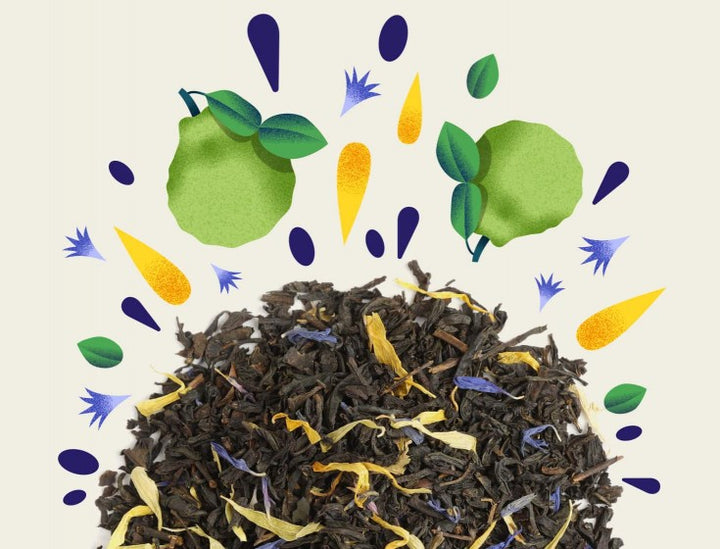 Image illustrant les ingrédients de l'infusion "EARL GREY ROYAL" de la marque Maison Bourgeon. L'image montre un mélange de thé noir en vrac avec des morceaux de bergamote et des pétales de fleurs, entouré d'illustrations de ces éléments.