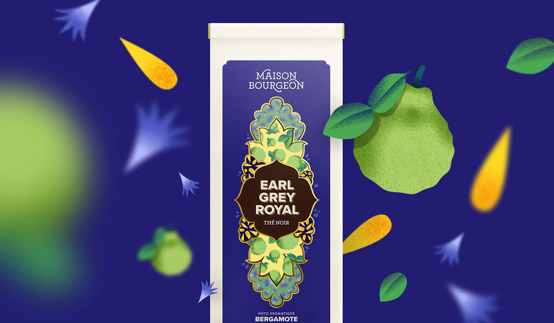 Paquet de thé noir Maison Bourgeon Earl Grey Royal avec des illustrations de bergamotes et de fleurs en arrière-plan