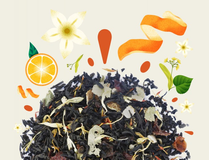 Image illustrant les ingrédients de l'infusion "FLEUR D'Ö" de la marque Maison Bourgeon. L'image montre un mélange de thé noir en vrac avec des morceaux d'écorces d'orange, des pétales de fleurs d'oranger et d'autres ingrédients, entouré d'illustrations de ces éléments.