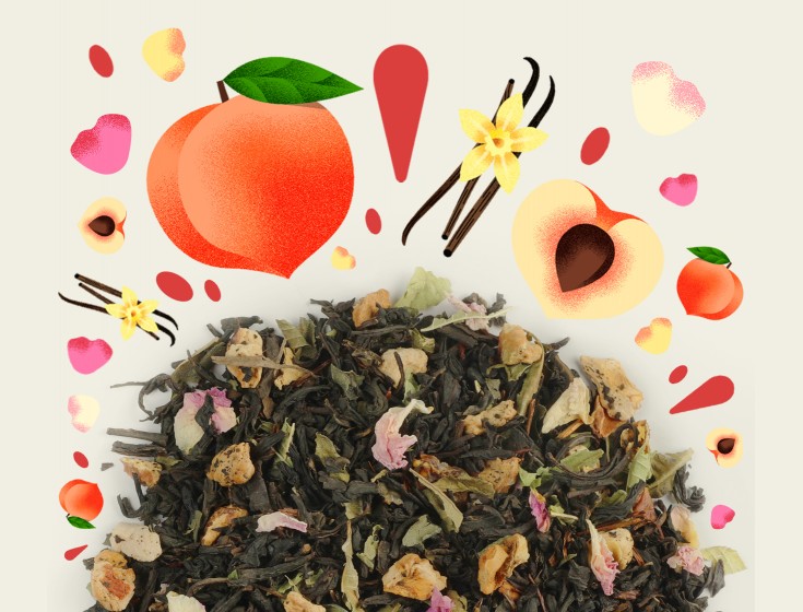 Image illustrant les ingrédients de l'infusion "LE PÉCHÉ DE JULIETTE" de la marque Maison Bourgeon. L'image montre un mélange de thé noir en vrac avec des morceaux de pêche, de vanille et d'autres ingrédients, entouré d'illustrations de ces fruits et de pétales de fleurs.