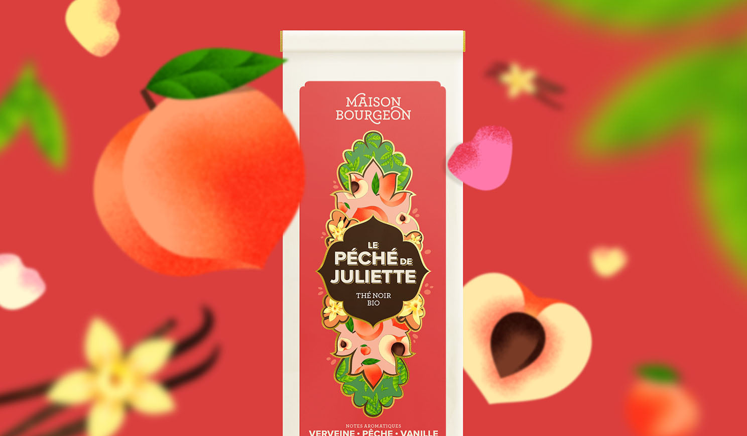 Paquet de thé noir bio Maison Bourgeon Le Péché de Juliette avec des illustrations de pêches et de fleurs en arrière-plan