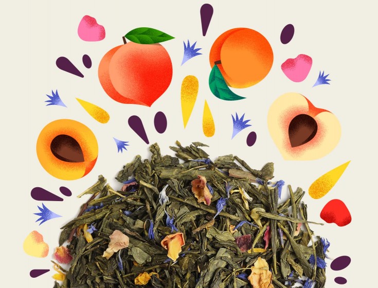 Image illustrant les ingrédients de l'infusion "FLEUR DE LUNE" de la marque Maison Bourgeon. L'image montre un mélange de thé vert en vrac avec des morceaux de pêche, d'abricot et d'autres ingrédients, entouré d'illustrations de ces fruits et de pétales de fleurs.
