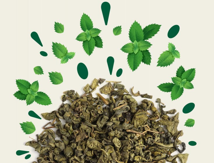 Image illustrant les ingrédients de l'infusion "MENTHE" de la marque Maison Bourgeon. L'image montre un mélange de thé vert en vrac avec des feuilles de menthe, entouré d'illustrations de feuilles de menthe verte.