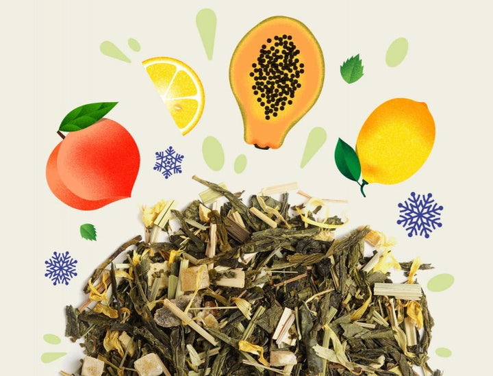 Image illustrant les ingrédients de l'infusion "MIAMI PEACH" de la marque Maison Bourgeon. L'image montre un mélange de thé vert en vrac avec des morceaux de pêche, de citron, de papaye et d'autres ingrédients, entouré d'illustrations de ces fruits et de feuilles de menthe.