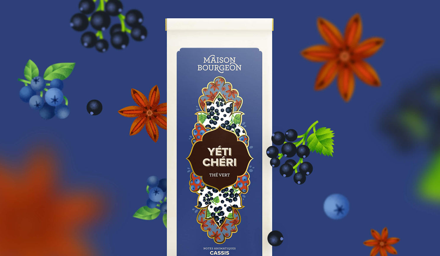 Paquet de thé vert Maison Bourgeon Yéti Chéri avec des illustrations de cassis et d'anis étoilé en arrière-plan.