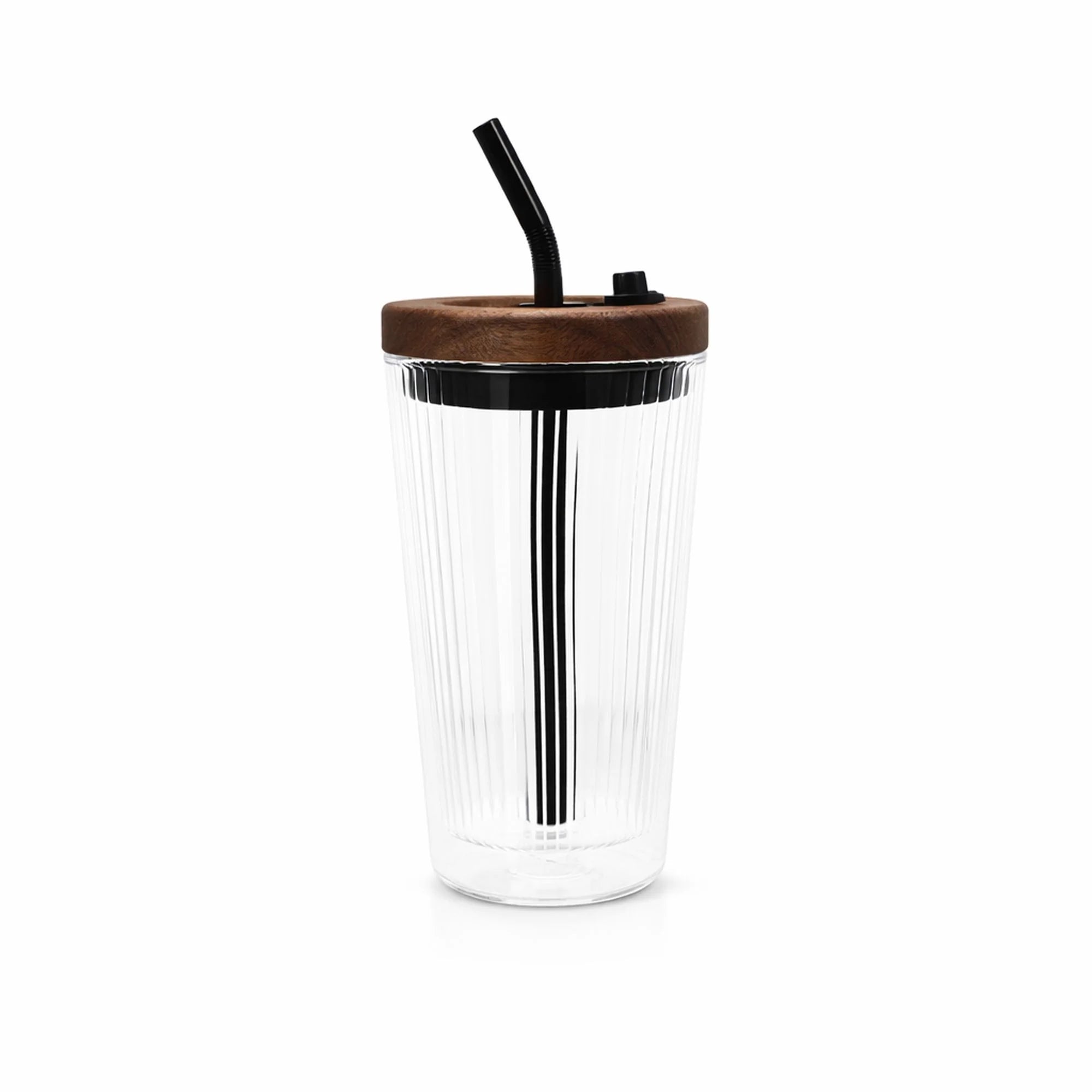 OGO Living Gobelet Fusion 50 cl en verre double paroi avec paille réutilisable et couvercle en bois naturel, format pratique pour boissons chaudes ou froides