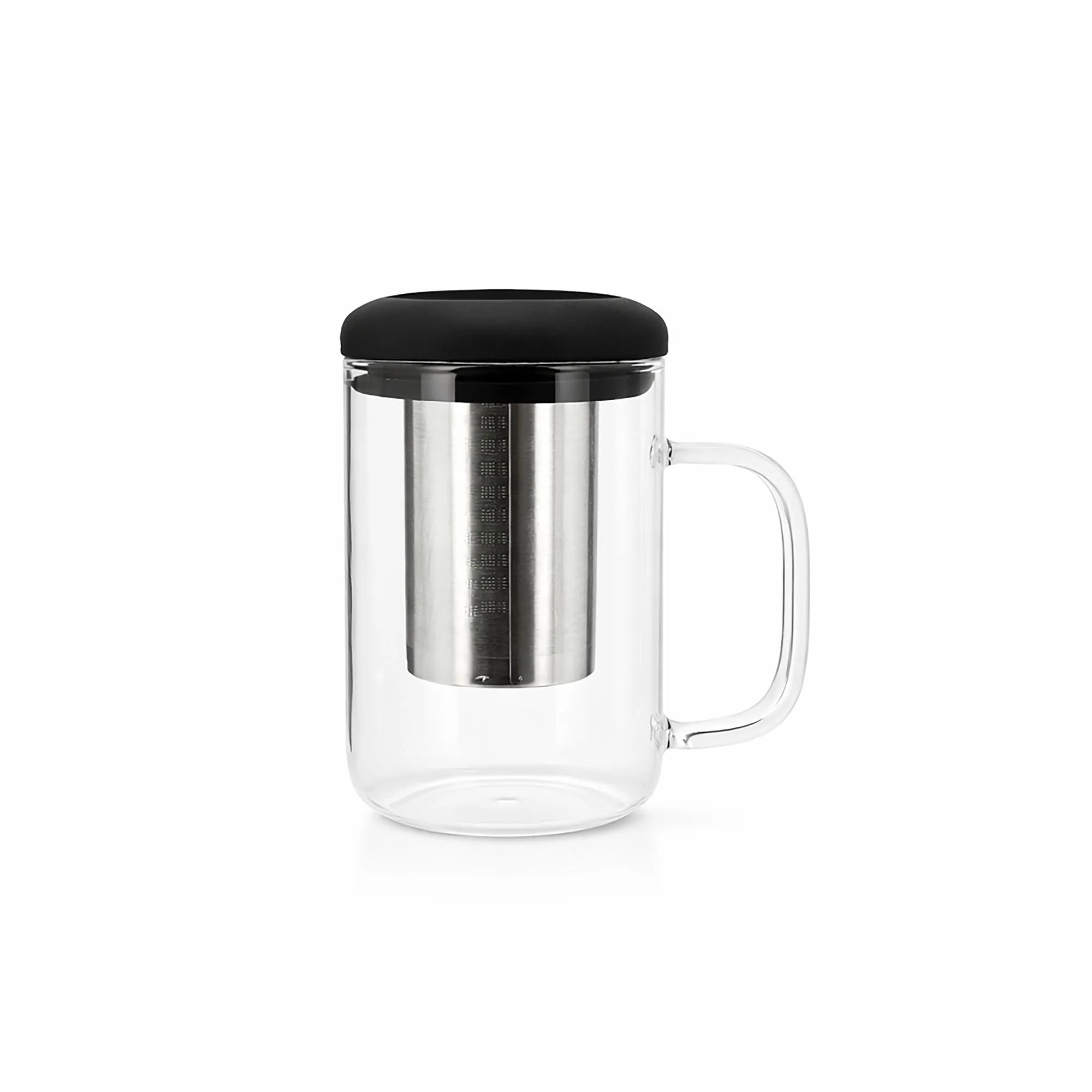 OGO Living Tisanière Fusion 500 ml en verre transparent avec anse, filtre inox intégré et couvercle noir, idéale pour préparer du thé ou une tisane